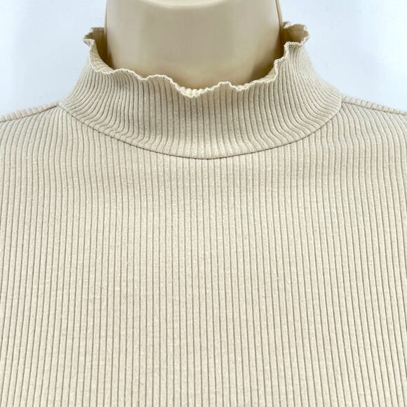 Aerie Top Women's L Oatmeal Y2K Cottagecore Ribbed Mock Neck Cropped Feminine - Picture 2 of 6